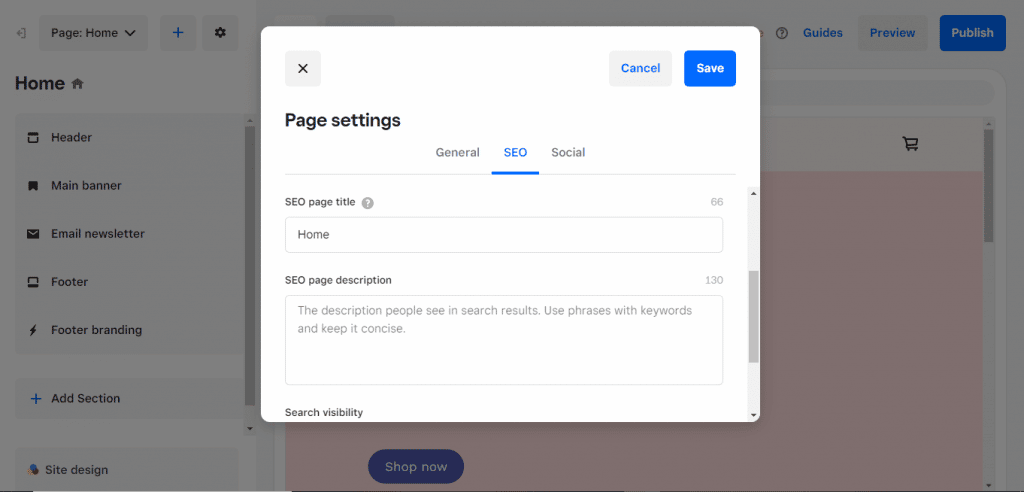 Weebly page settings