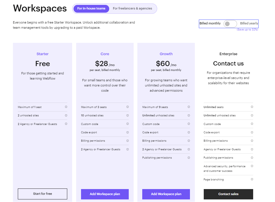 Webflow workspace plans billed monthly 