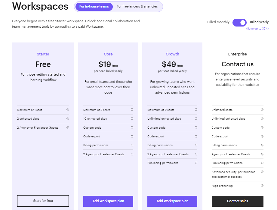Webflow workspace plans billed yearly