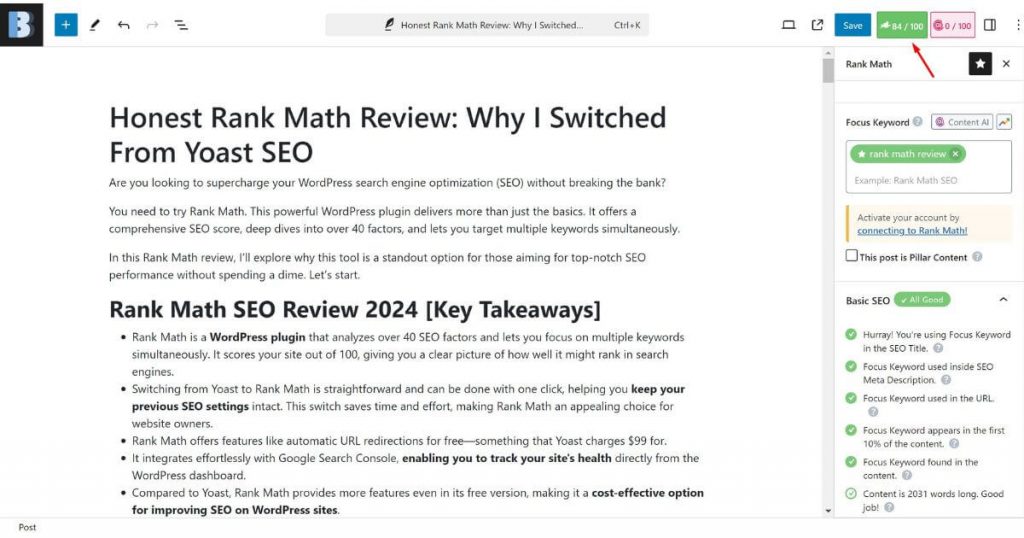 Rank Math SEO score out of 100